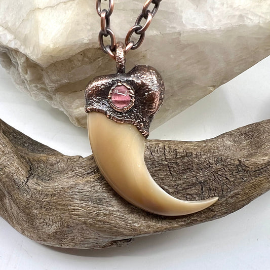 Black Bear Claw Necklace with Pink Tourmaline Accent, Large Front Claw - Copper Electroformed