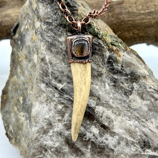 Antler Tip Necklace with Montana Agate Accent- Copper Electroformed