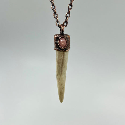 Antler Tip Necklace with Rhodochrosite Accent- Copper Electroformed
