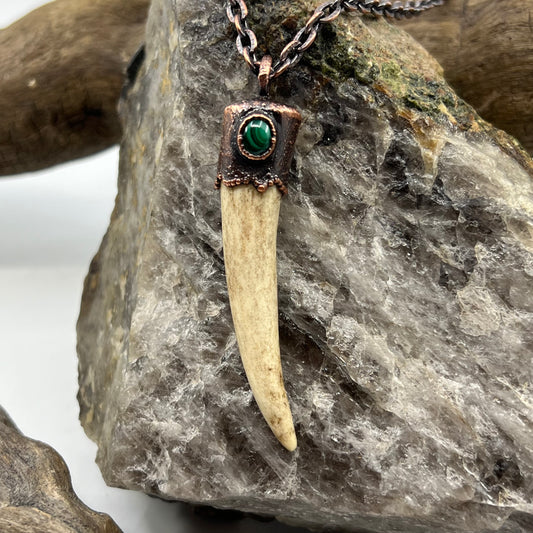 Antler Tip Necklace with Malachite Accent - Copper Electroformed