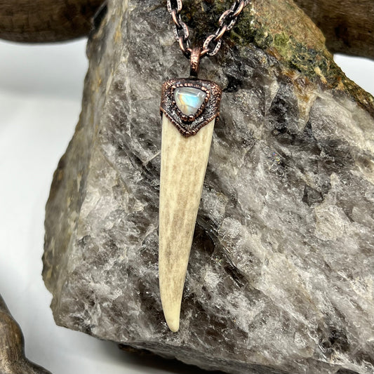 Antler Tip Necklace with Rainbow Moonstone Accent - Copper Electroformed