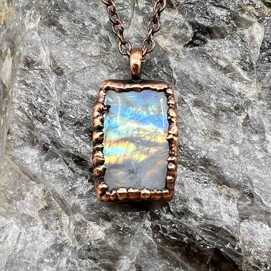 Rainbow Moonstone Necklace - Copper Electroformed