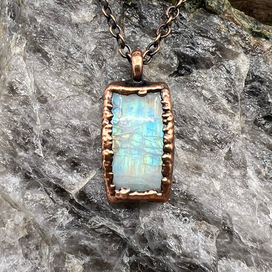 Rainbow Moonstone Necklace - Copper Electroformed