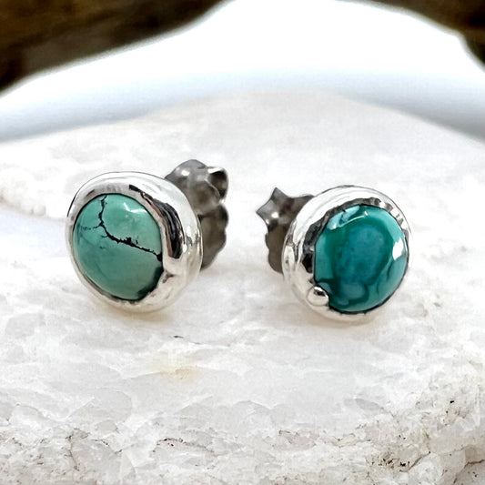 Tibetan Turquoise Stud Earrings, Silver Plated - Copper Electroformed
