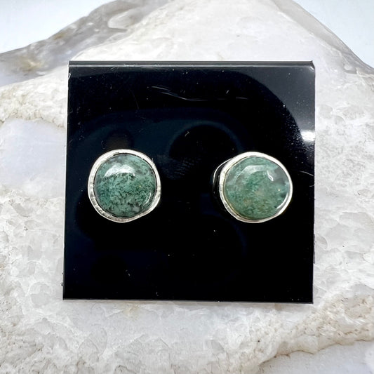 Moss Agate Stud Earrings, Silver Plated - Copper Electroformed