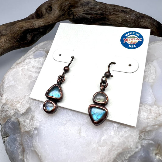 Labradorite & Moonstone Drop Earrings, Antique Finish, Asymmetrical - Copper Electroformed