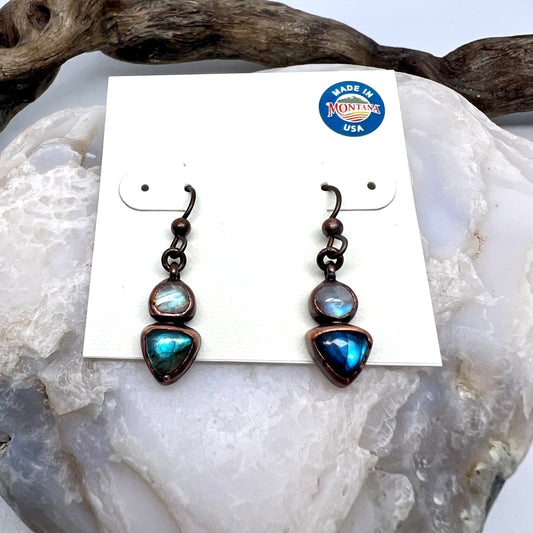 Labradorite & Moonstone Drop Earrings, Antique Finish - Copper Electroformed