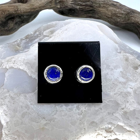 Lapis Lazuli Stud Earrings, Silver Plated - Copper Electroformed