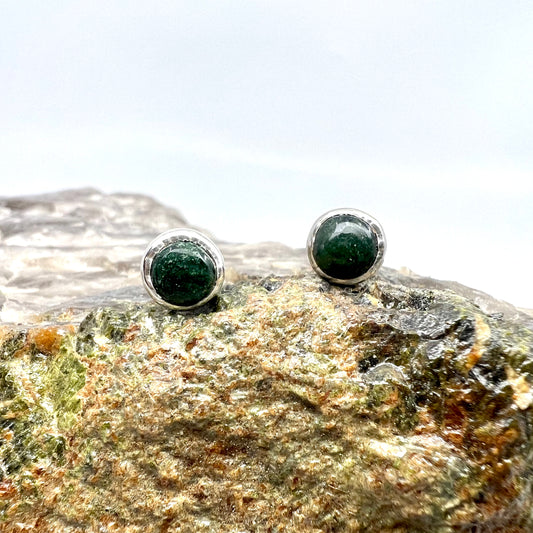 Moss Agate Stud Earrings, Silver Plated - Copper Electroformed
