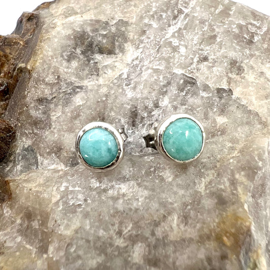 Amazonite Stud Earrings, Silver Plated - Copper Electroformed