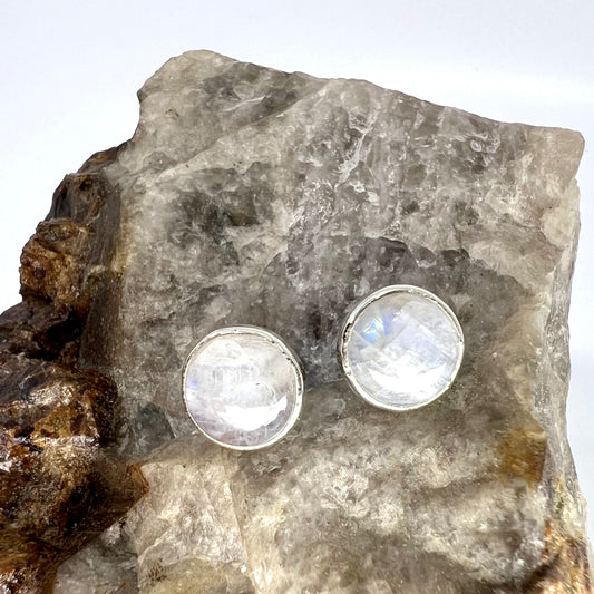 Moonstone Stud Earrings, Silver Plated - Copper Electroformed