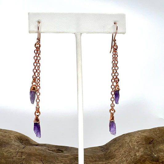 Amethyst Double Strand Dangle Earrings - Copper Electroformed