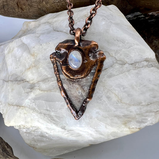 Arrowhead with Moonstone Accent - Copper Electroformed Necklace