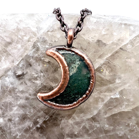 Moss Agate Crescent Moon Necklace - Copper Electroformed
