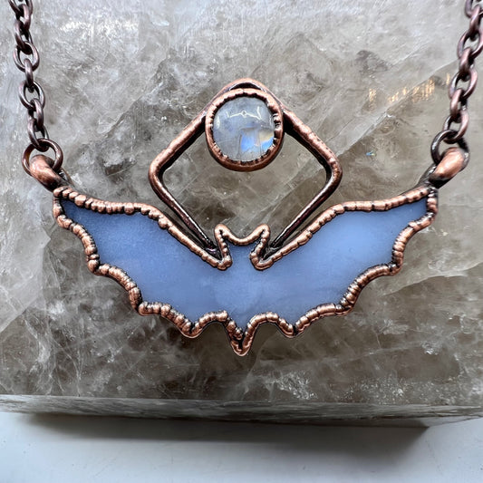 Blue Agate Bat with Moonstone Accent - Copper Electroformed