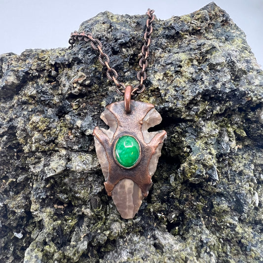 Arrowhead with Jade Glass Accent - Copper Electroformed Necklace