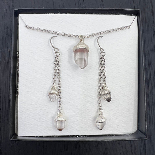 Montana Quartz Necklace and Double Dangle Earrings Set, Silver Electroformed