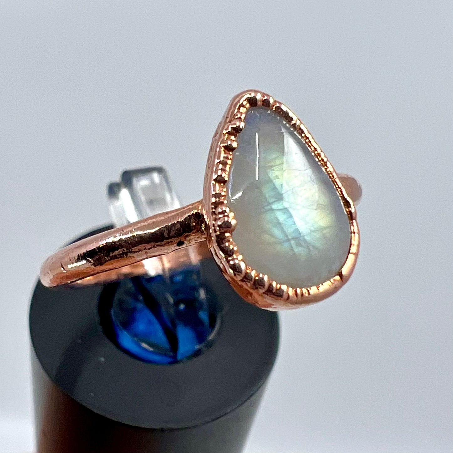 Size 8 Rainbow Moonstone Ring - Copper Electroformed