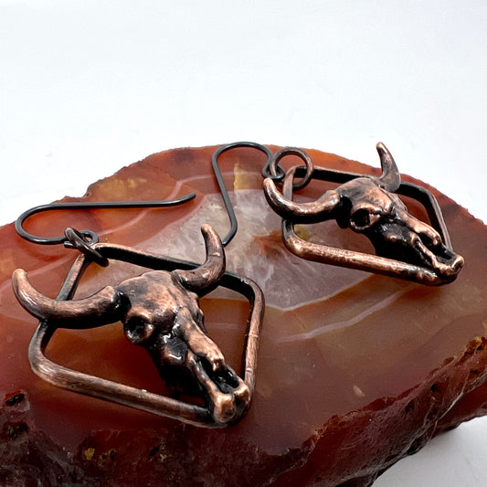 Buffalo Skull Replica Earrings - Copper Electroformed