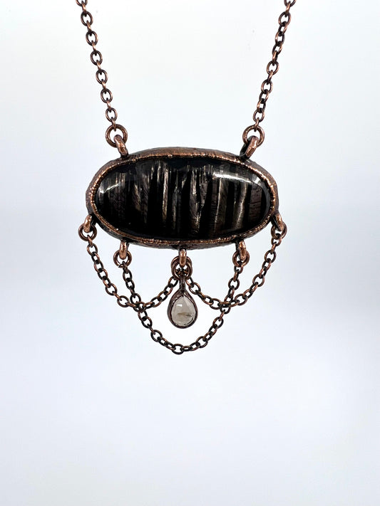 Hypersthene with Smokey Quartz Dangle - Copper Electroformed Necklace