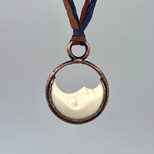 Crescent Moon Bone Carving Necklace - Copper Electroformed