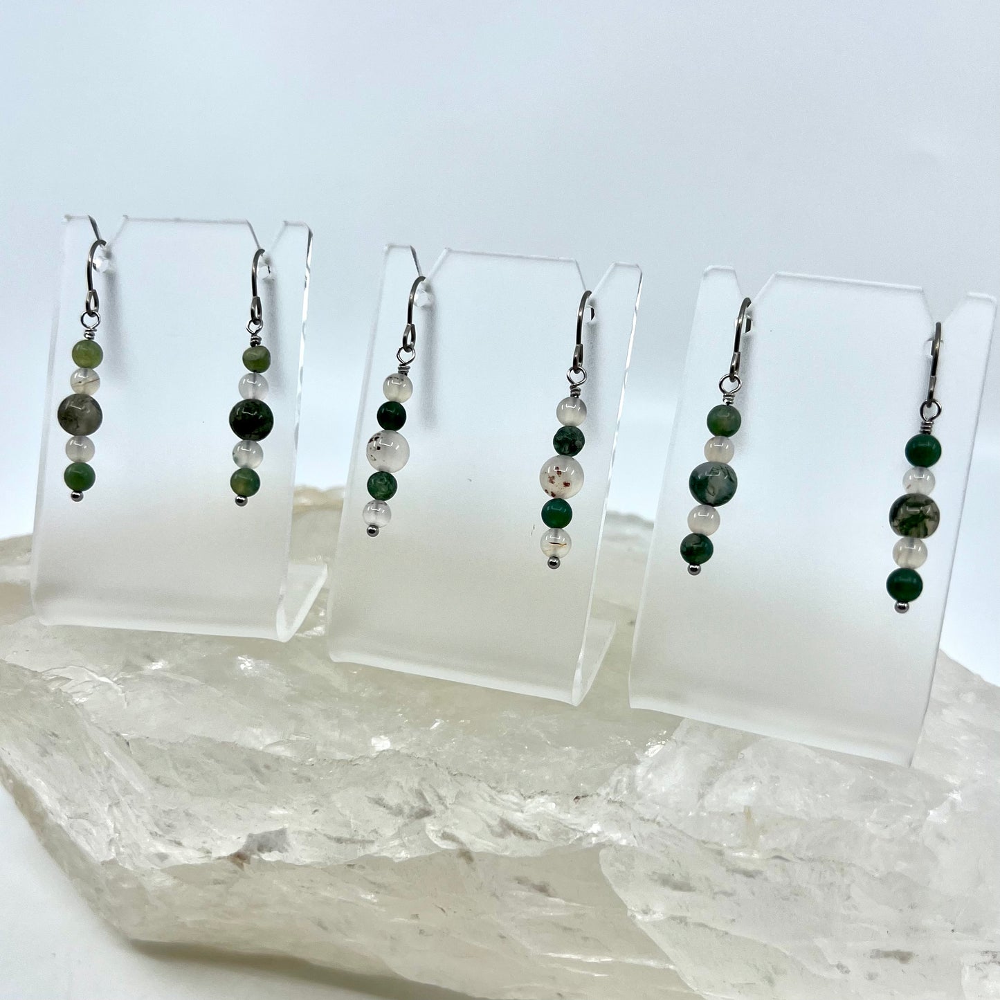 Moss Agate & Montana Agate Drop Earrings, Smooth Finish