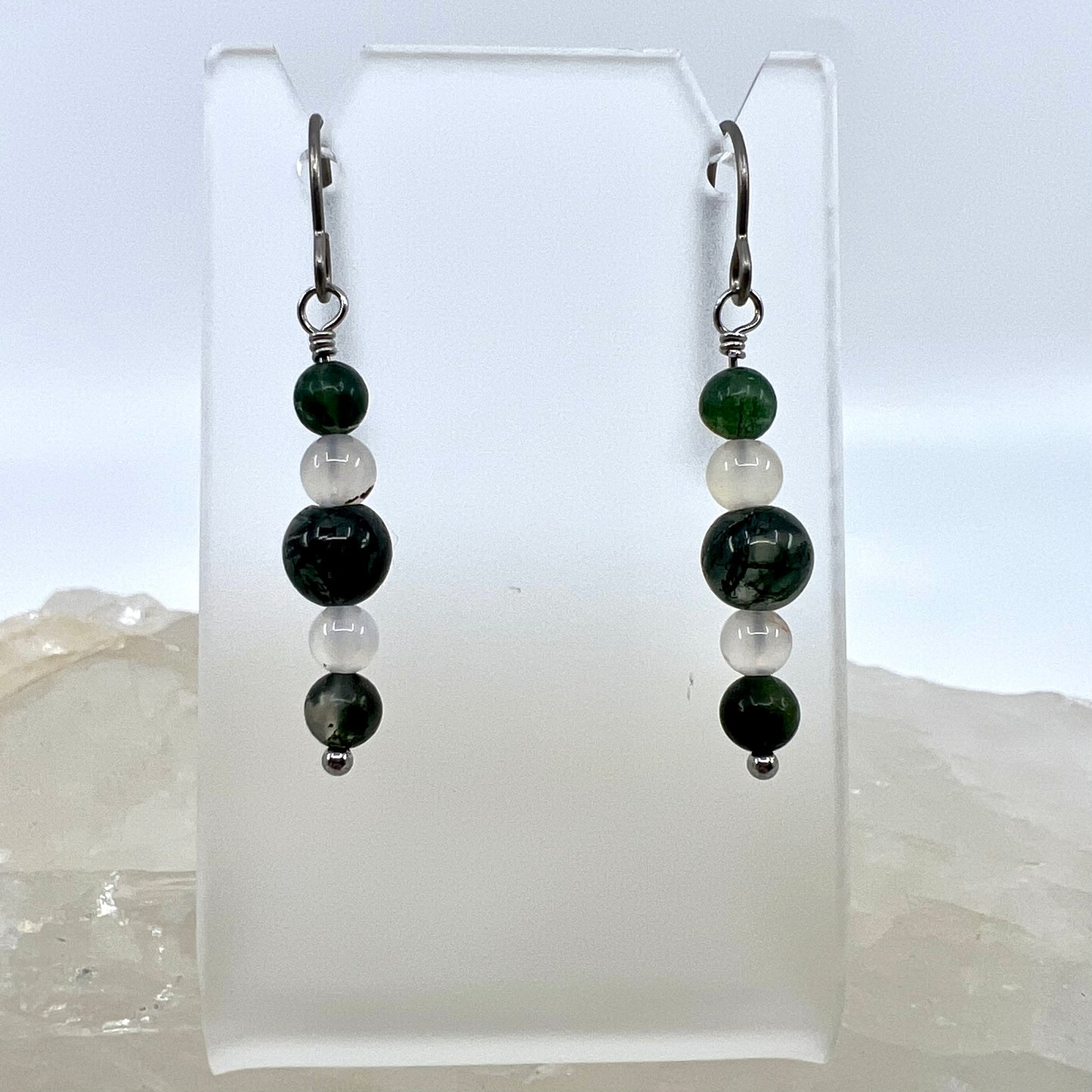 Moss Agate & Montana Agate Drop Earrings, Smooth Finish