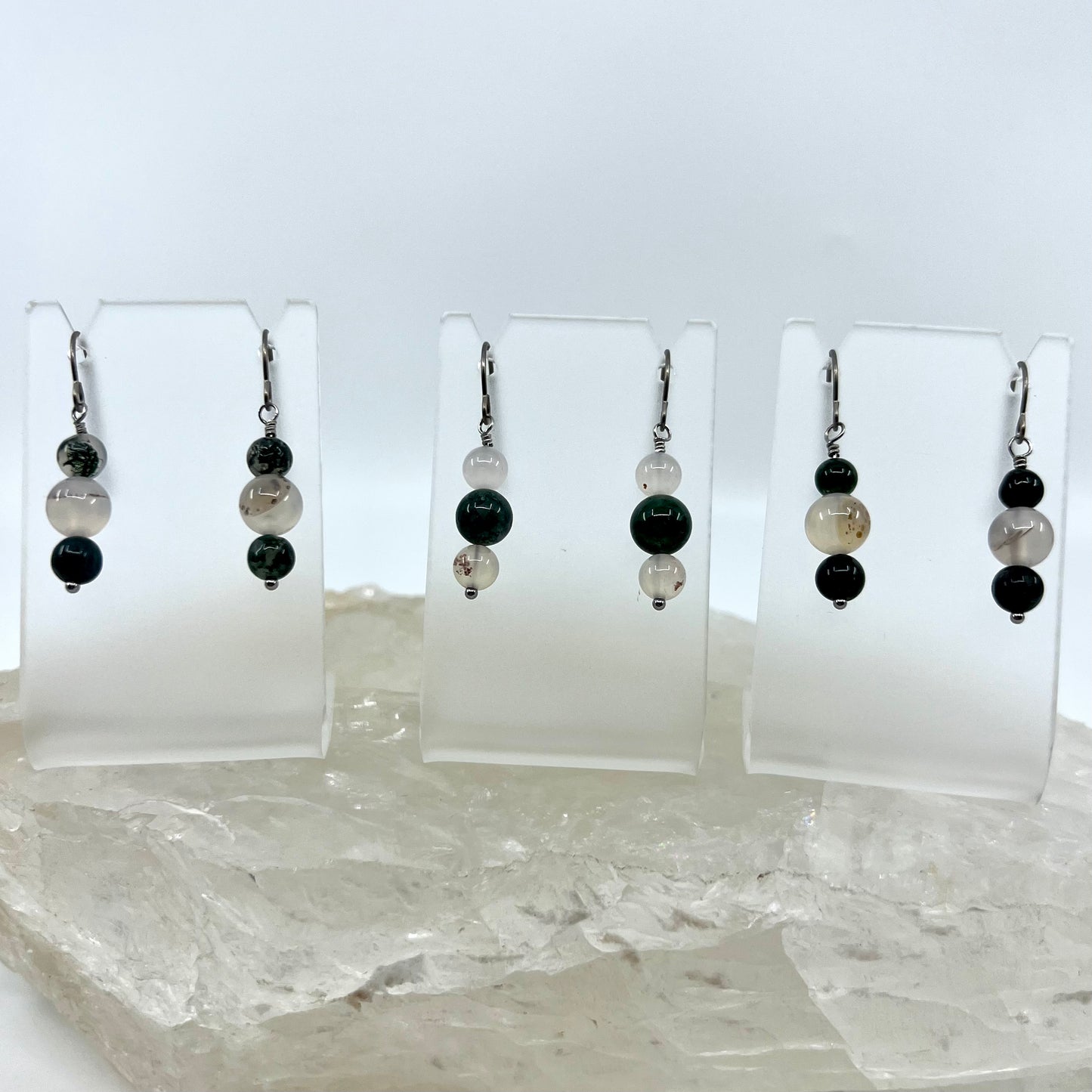 Moss Agate & Montana Agate Drop Earrings, Smooth Finish