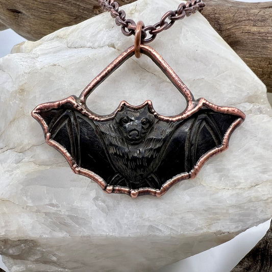 Carved Buffalo Horn Bat Necklace - Copper Electroformed