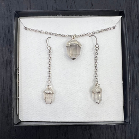 Montana Quartz Necklace and Dangle Earrings Set, Silver Electroformed