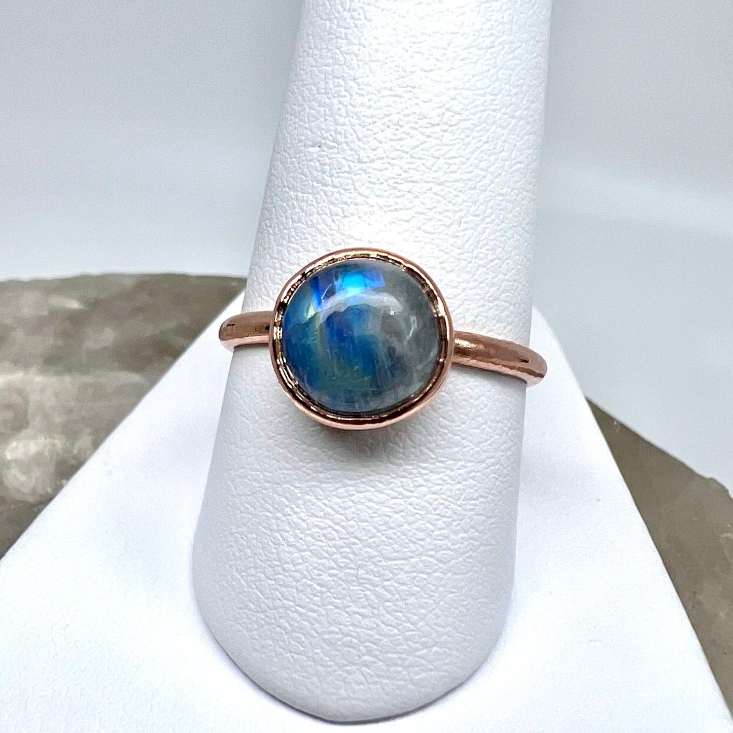 Size 8 Rainbow Moonstone Ring - Copper Electroformed