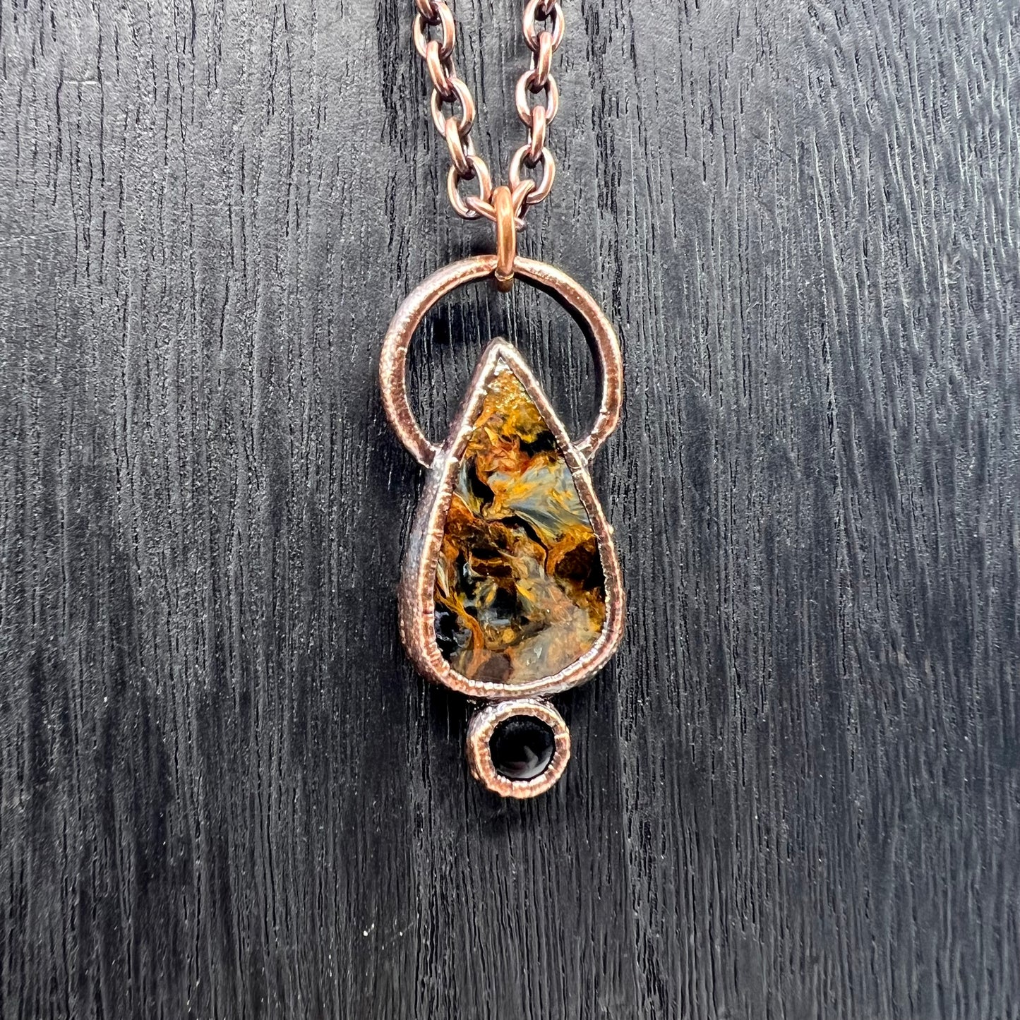 Pietersite Necklace with Obsidian Accent- Copper Electroformed