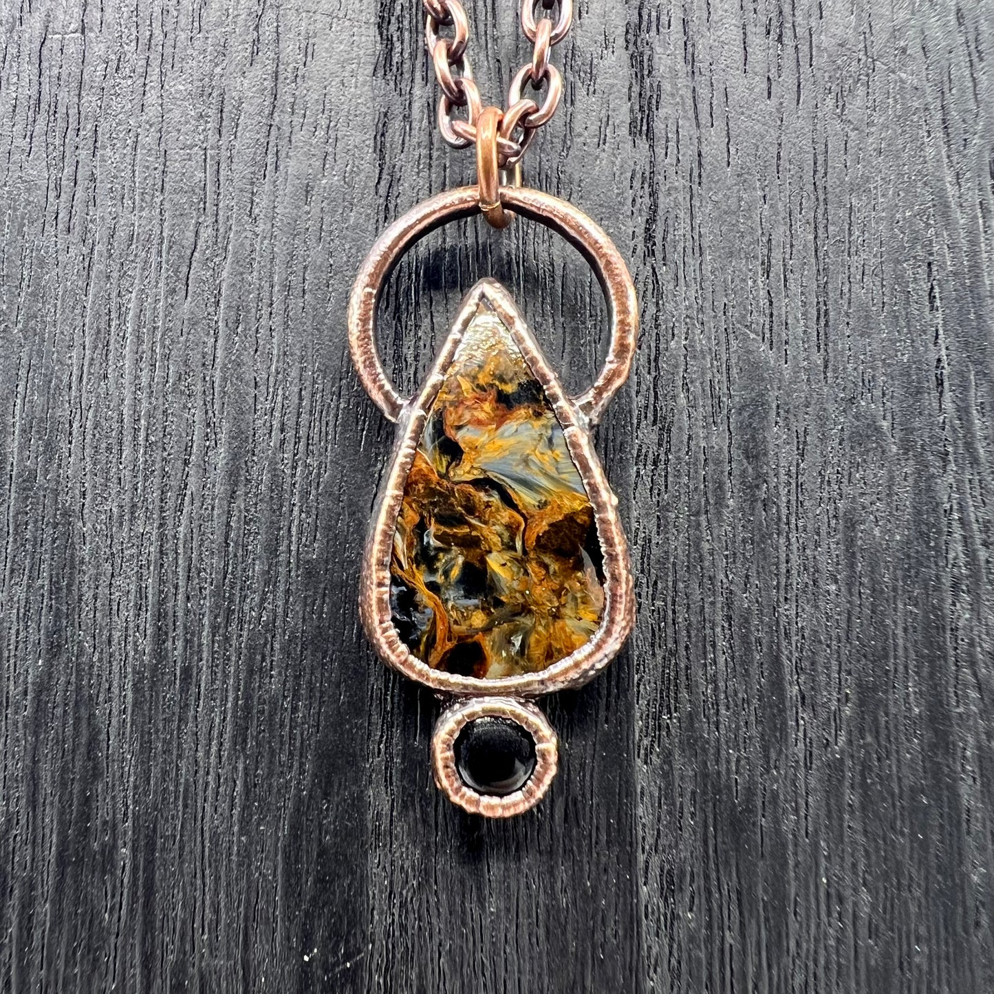 Pietersite Necklace with Obsidian Accent- Copper Electroformed