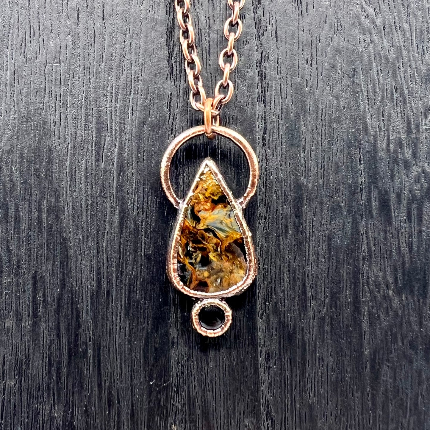 Pietersite Necklace with Obsidian Accent- Copper Electroformed