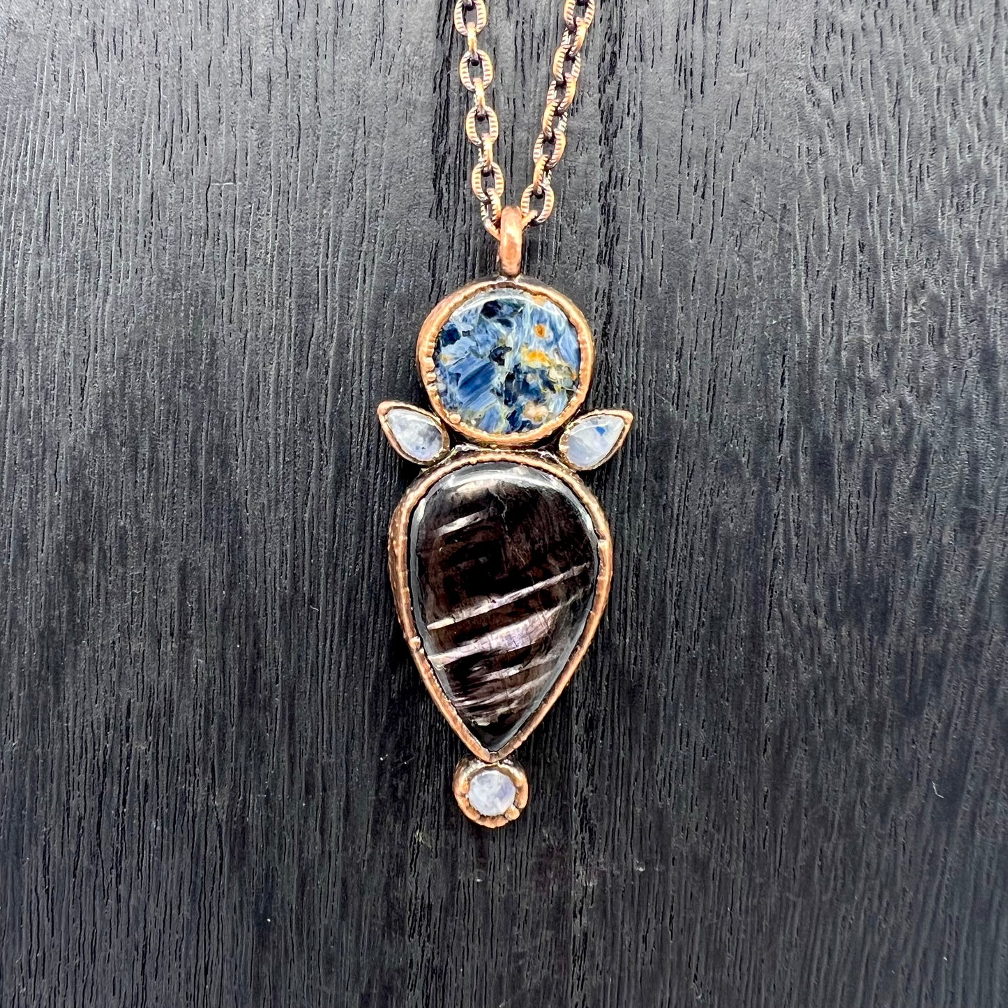 Hypersthene, Pietersite, and Rainbow Moonstone Necklace - Copper Electroformed