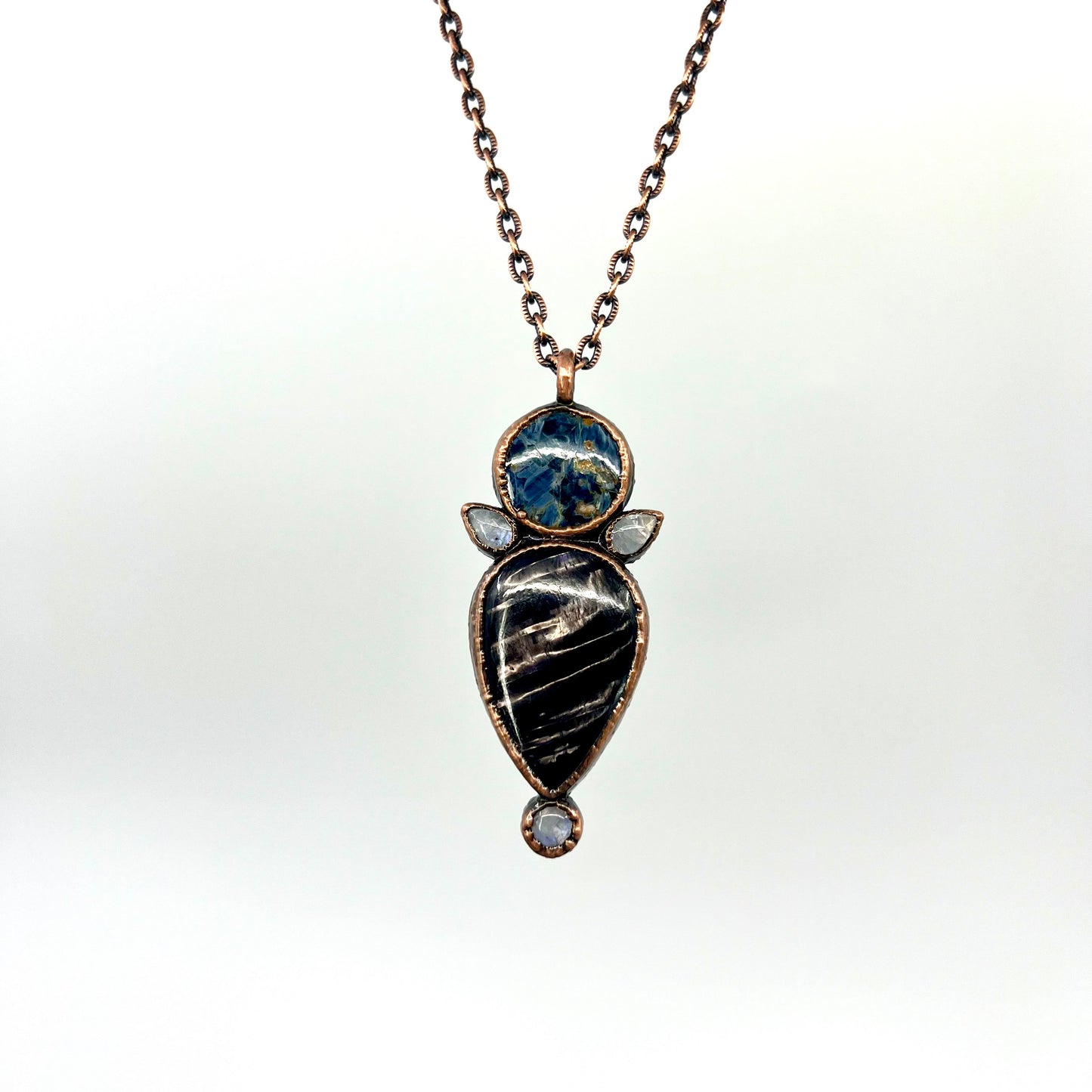 Hypersthene, Pietersite, and Rainbow Moonstone Necklace - Copper Electroformed