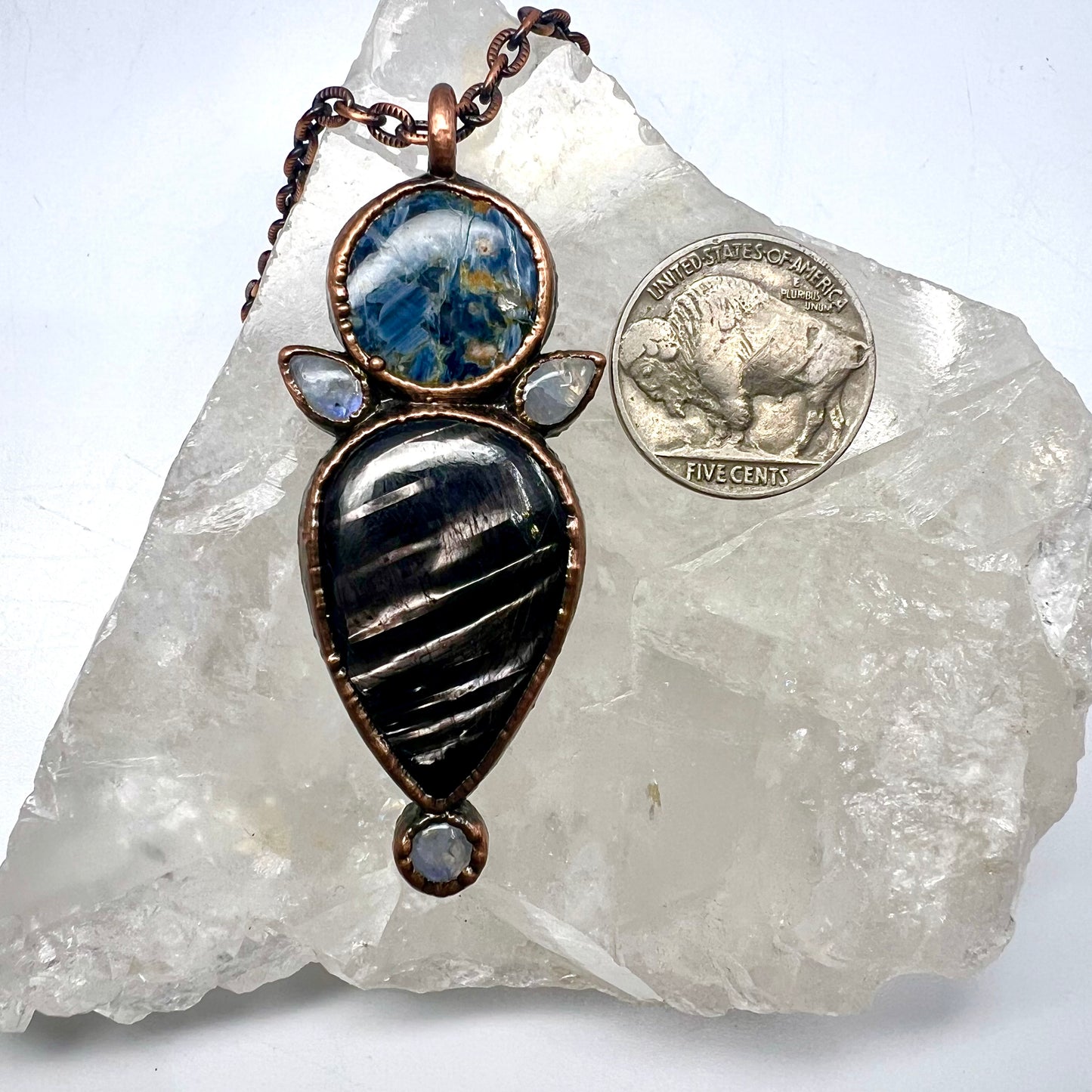 Hypersthene, Pietersite, and Rainbow Moonstone Necklace - Copper Electroformed