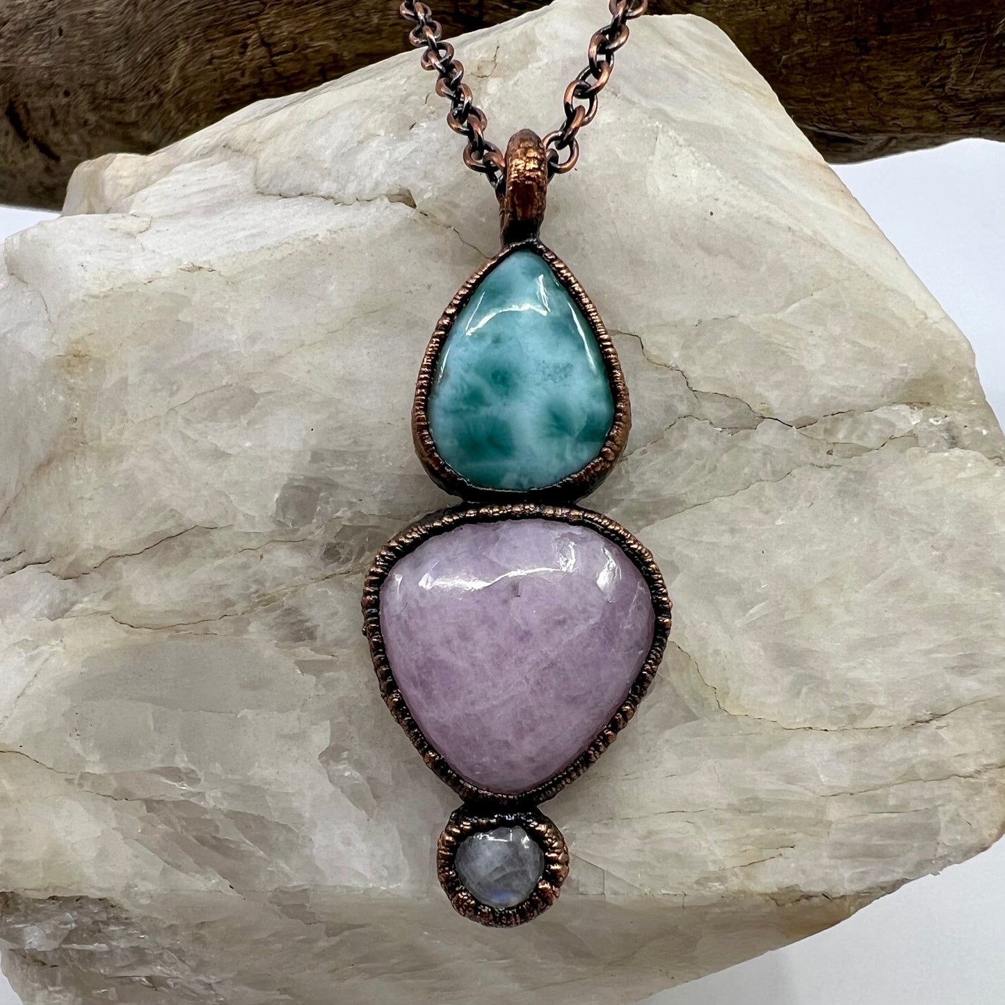 Larimar, Kunzite, and Moonstone Combo Necklace - Copper Electroformed