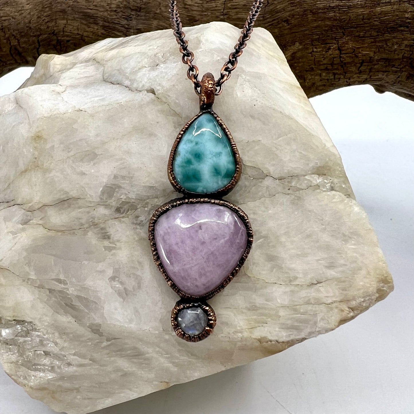 Larimar, Kunzite, and Moonstone Combo Necklace - Copper Electroformed