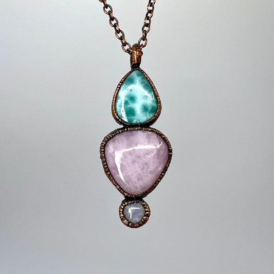 Larimar, Kunzite, and Moonstone Combo Necklace - Copper Electroformed