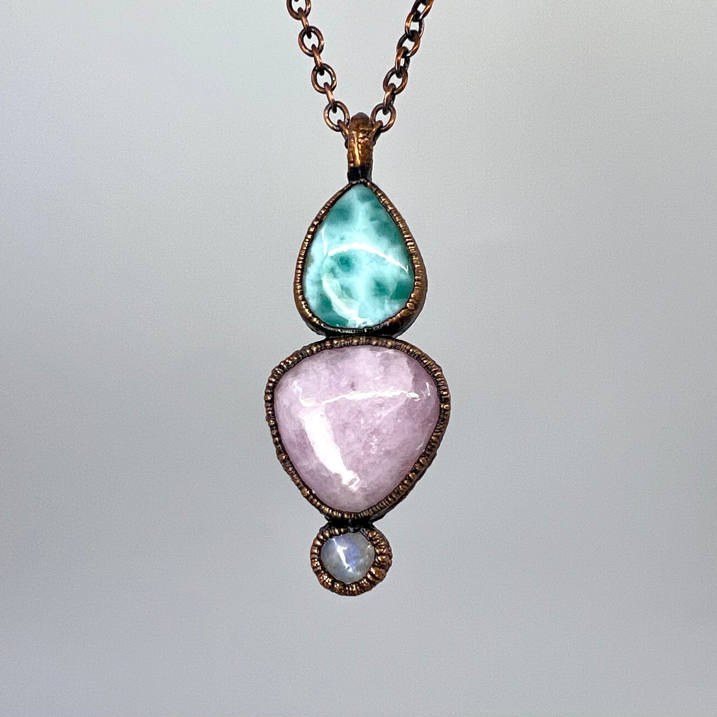 Larimar, Kunzite, and Moonstone Combo Necklace - Copper Electroformed