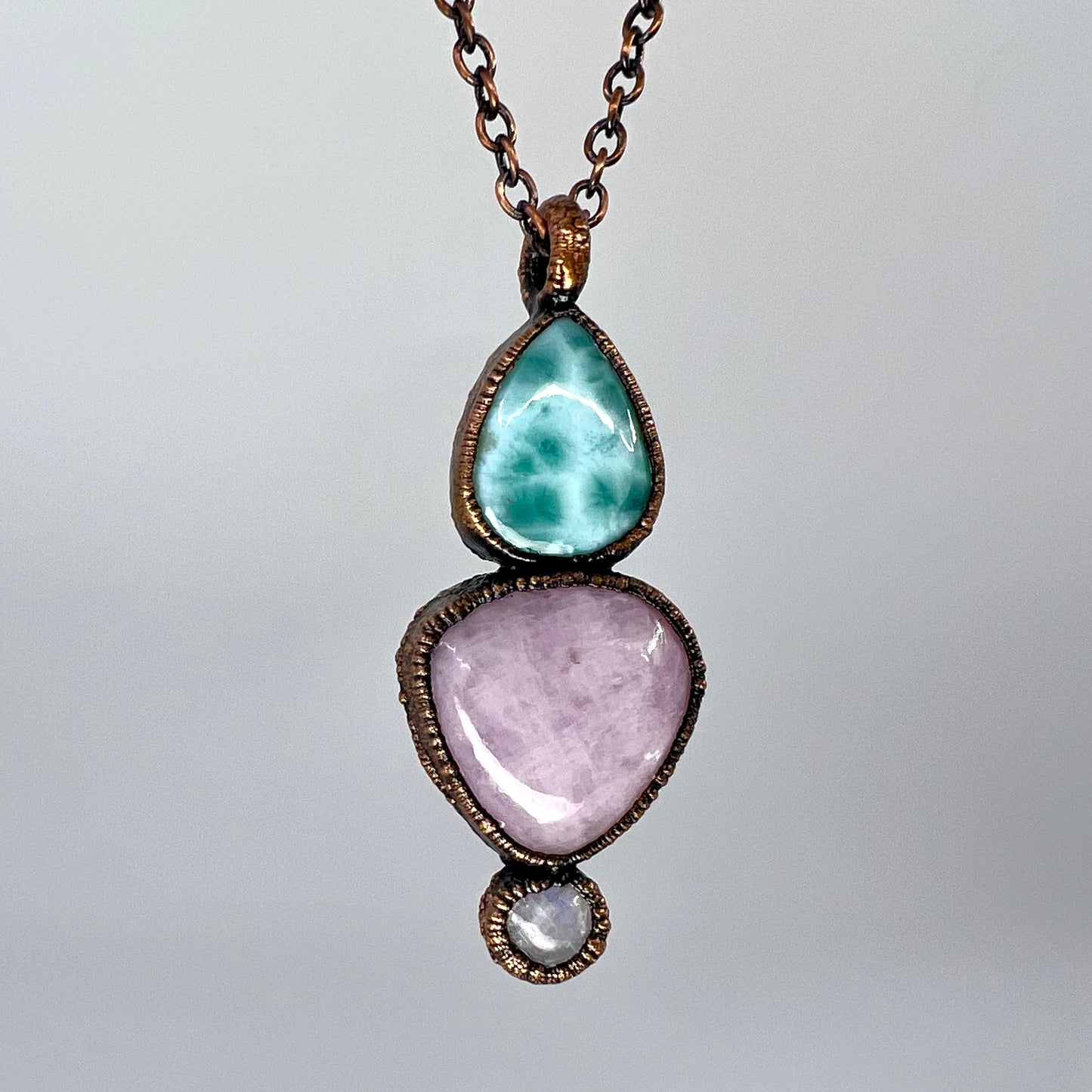 Larimar, Kunzite, and Moonstone Combo Necklace - Copper Electroformed