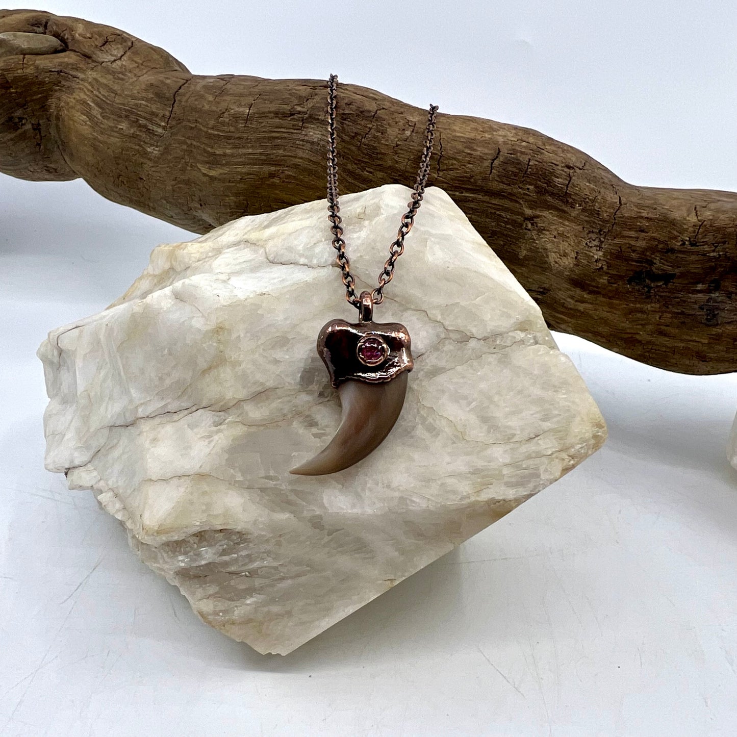 Black Bear Claw with Tourmaline Accent, Small Rear Claw - Copper Electroformed Necklace