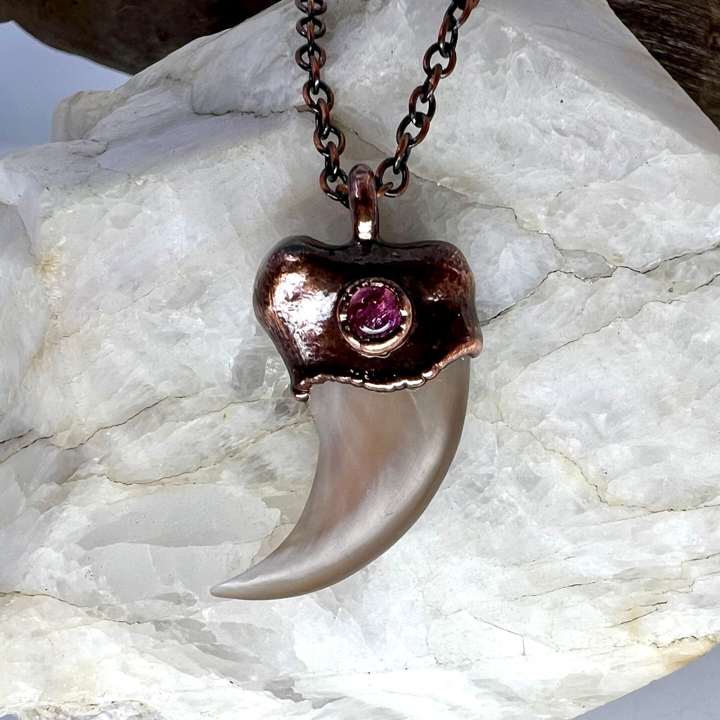 Black Bear Claw with Tourmaline Accent, Small Rear Claw - Copper Electroformed Necklace