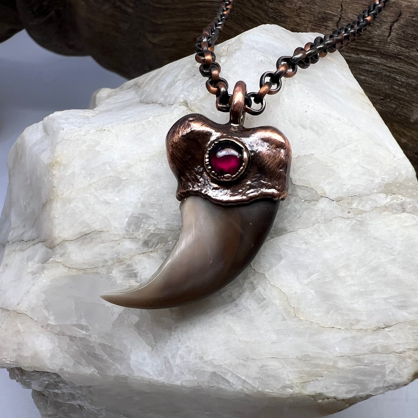 Black Bear Claw with Garnet Accent, Sm/Med Rear Claw - Copper Electroformed Necklace