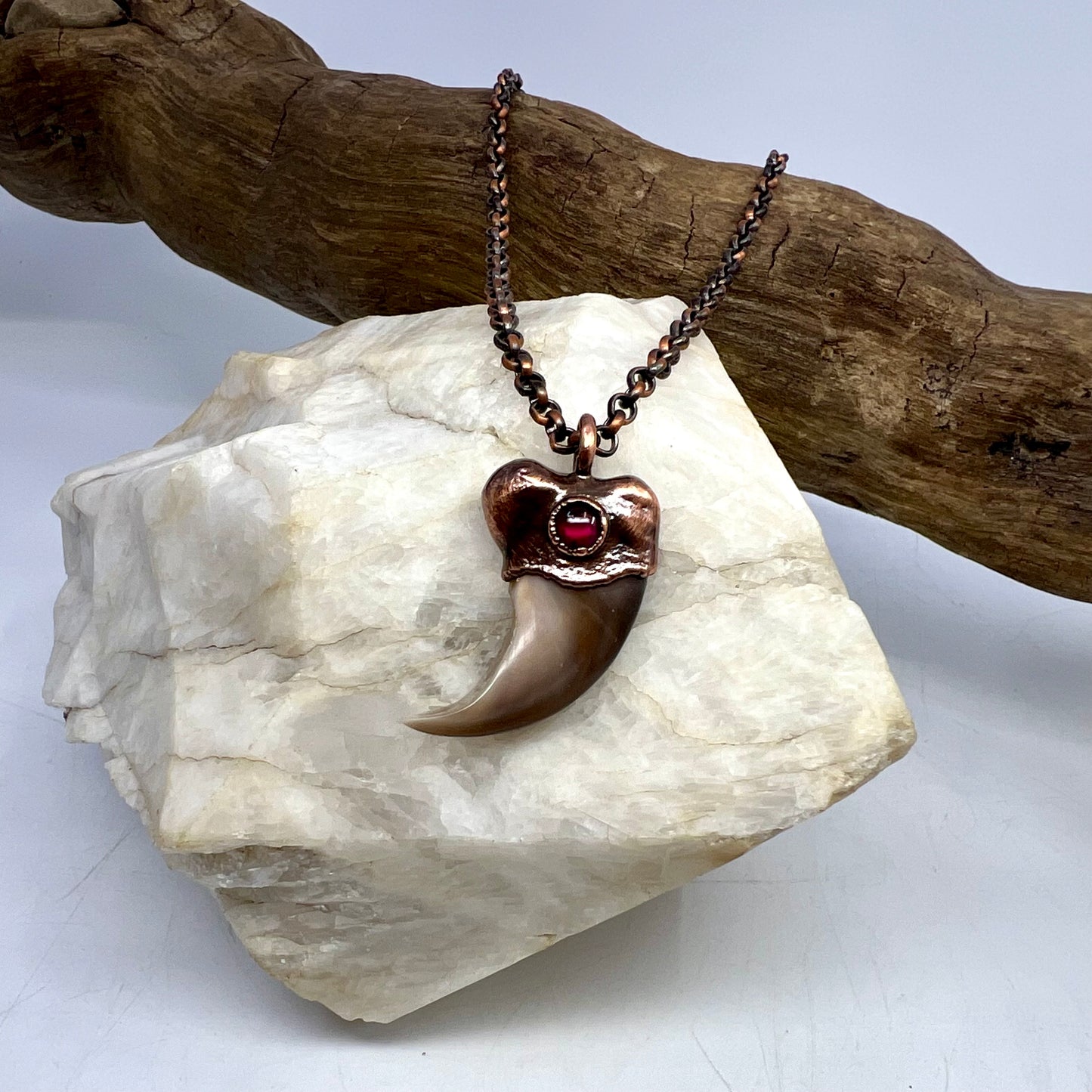 Black Bear Claw with Garnet Accent, Sm/Med Rear Claw - Copper Electroformed Necklace