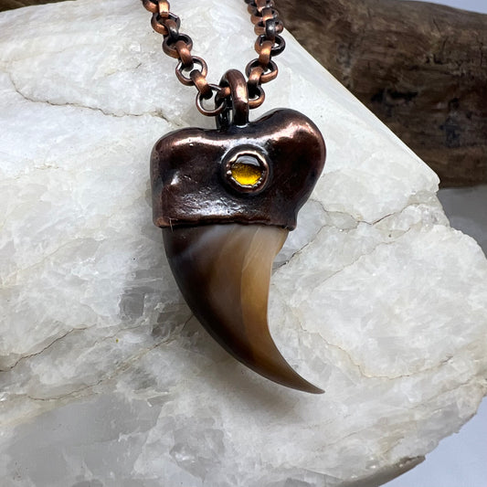 Black Bear Claw with Tourmaline Accent, Small Rear Claw - Copper Electroformed Necklace