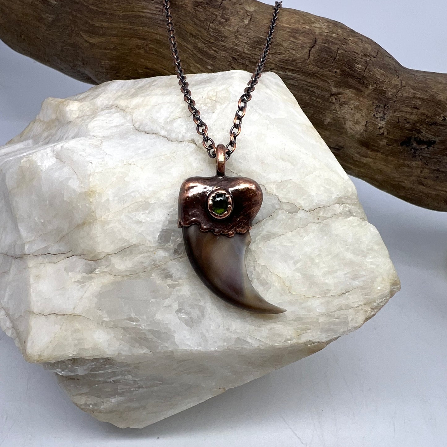 Black Bear Claw with Tourmaline Accent, Small Rear Claw - Copper Electroformed Necklace