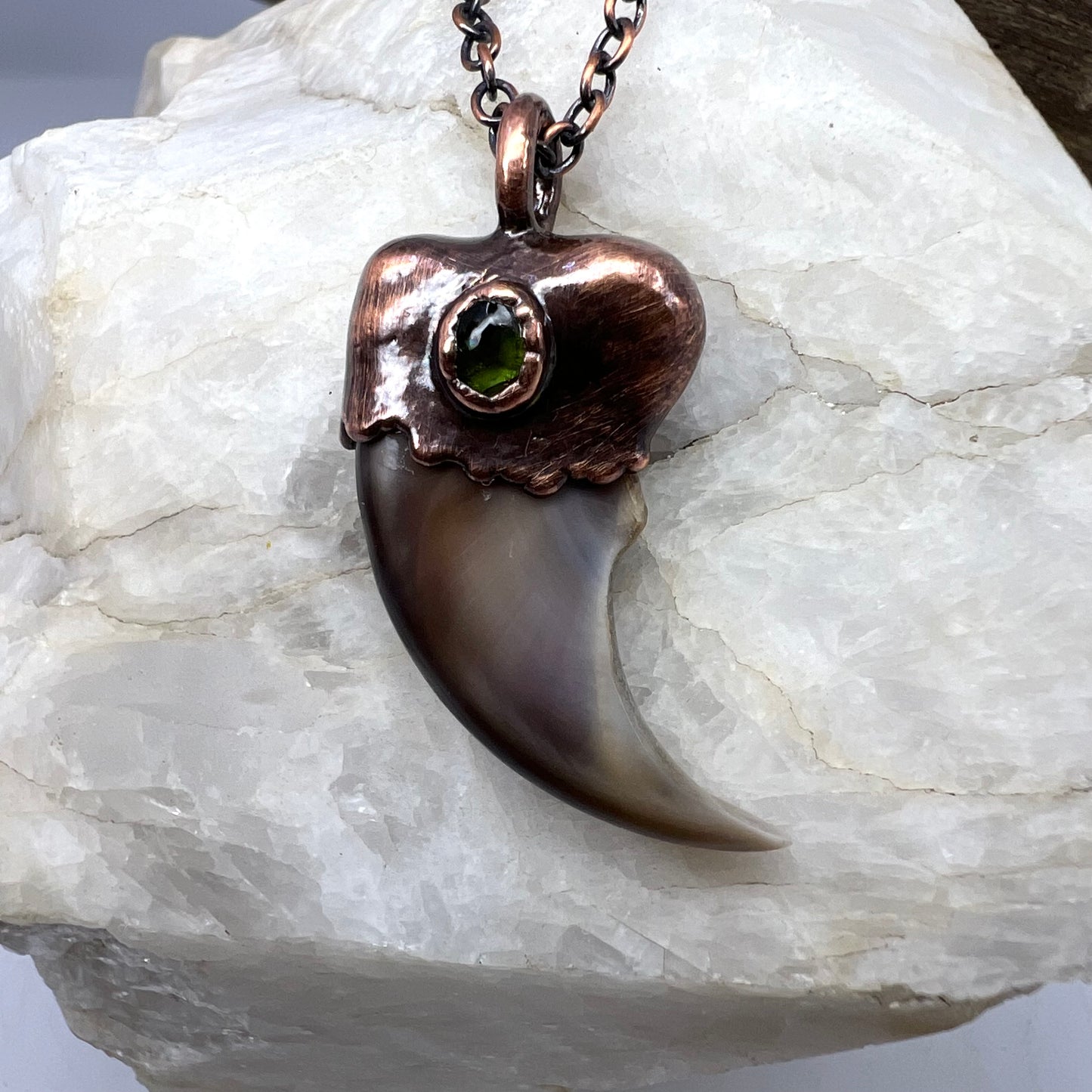 Black Bear Claw with Tourmaline Accent, Small Rear Claw - Copper Electroformed Necklace