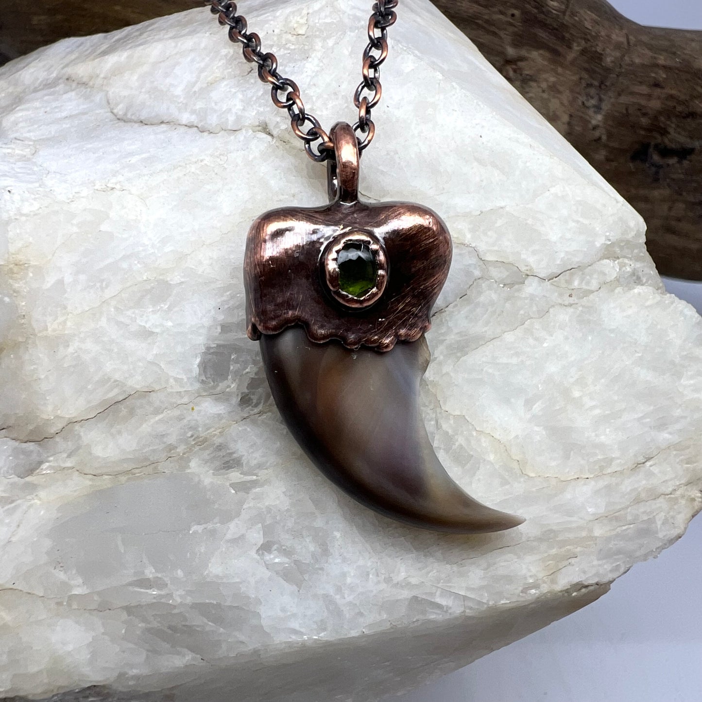 Black Bear Claw with Tourmaline Accent, Small Rear Claw - Copper Electroformed Necklace